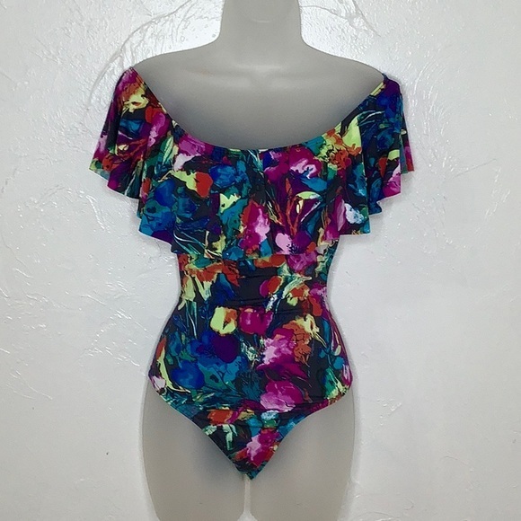 Envya swimwear off the shoulder ruffle one piece multi color swimsuit size L NWT - Picture 2 of 16